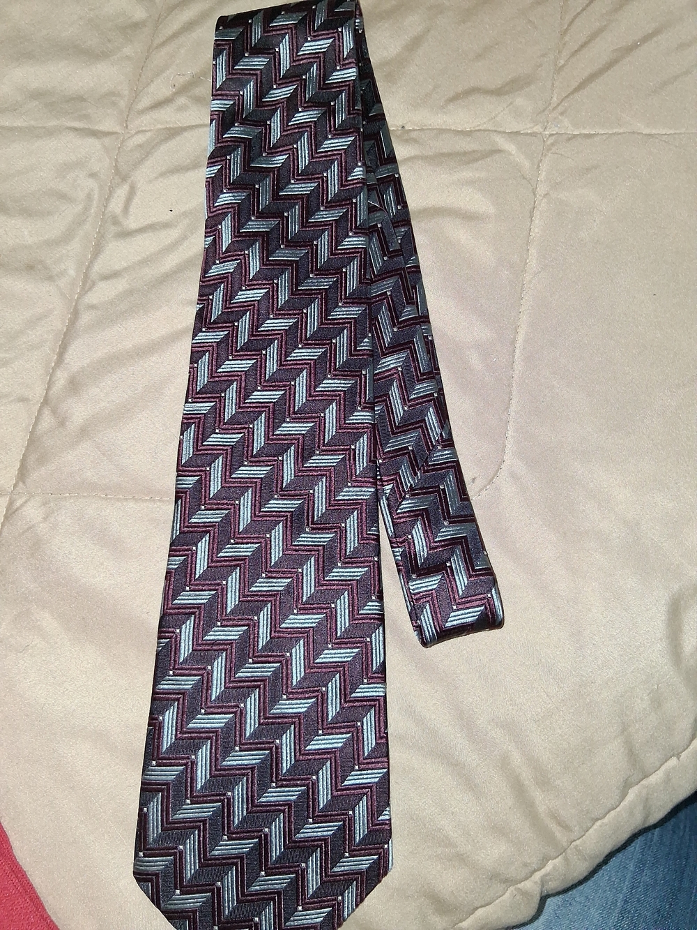 Bugatti Burgundy and Silver Chevron Silk Tie